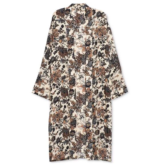 FREE PEOPLE Play It Cool Long Open Floral Kimono Ivory Crepe Sz M Boho Festival - Picture 2 of 11